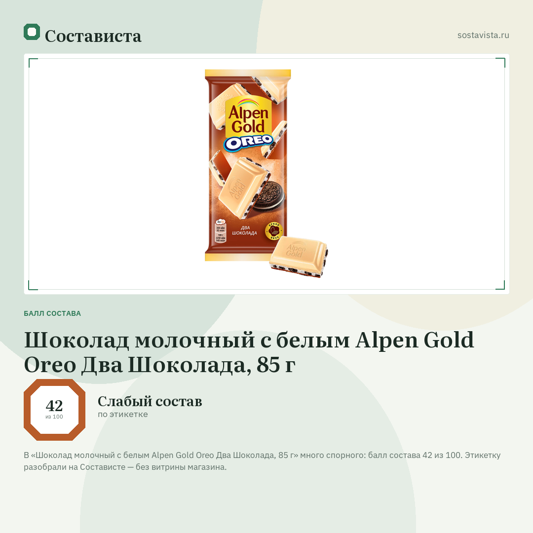 Шоколад молочный с белым Alpen Gold Oreo Два Шоколада, 85 г: балл состава 42 из 100 — Состависта