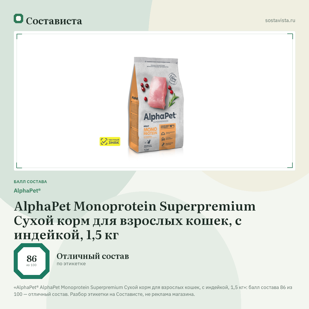 AlphaPet® AlphaPet Monoprotein Superpremium Сухой корм для взрослых кошек, с индейкой, 1,5 кг: балл состава 86 из 100 — Состависта