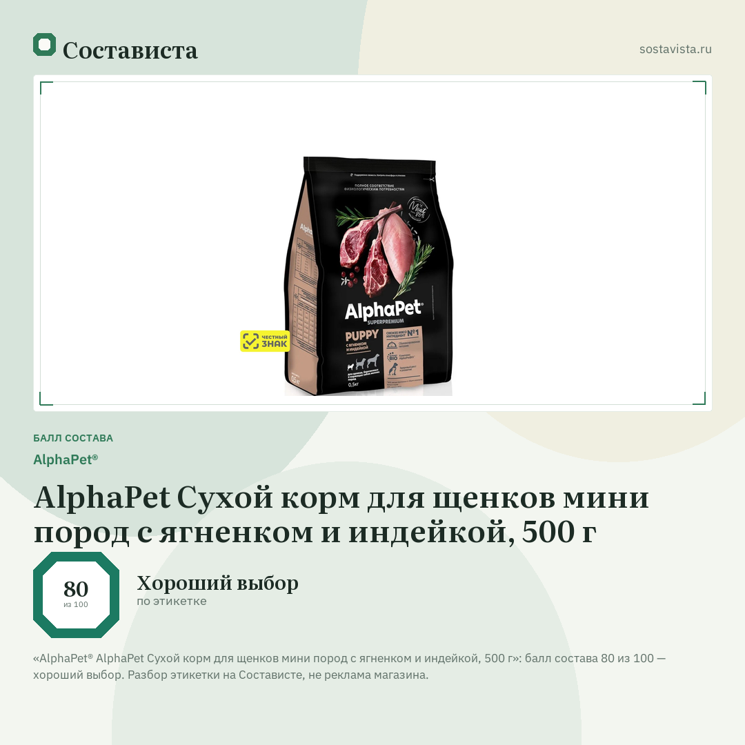 AlphaPet® AlphaPet Сухой корм для щенков мини пород с ягненком и индейкой, 500 г: балл состава 80 из 100 — Состависта