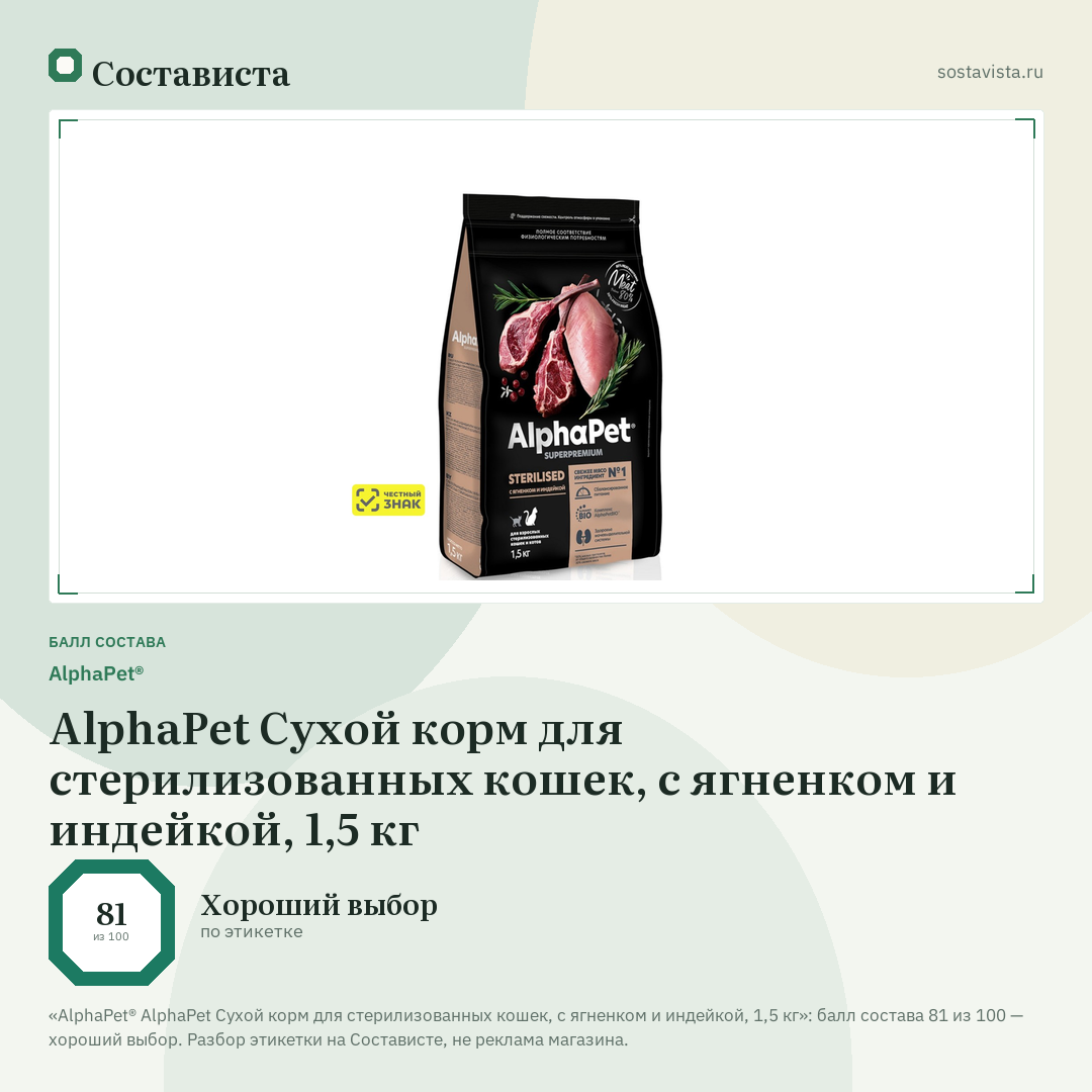 AlphaPet® AlphaPet Сухой корм для стерилизованных кошек, с ягненком и индейкой, 1,5 кг: балл состава 81 из 100 — Состависта