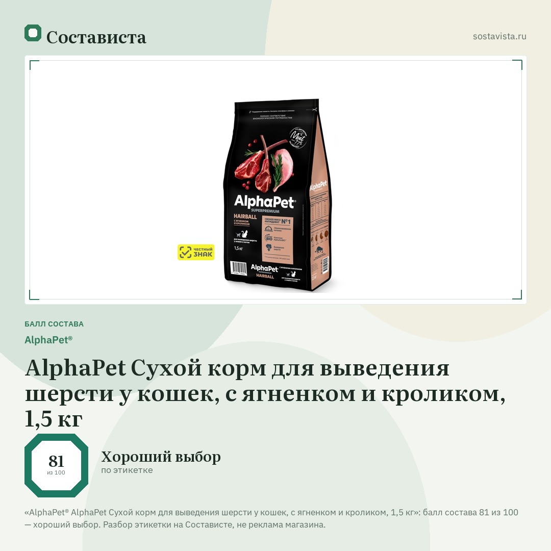 AlphaPet® AlphaPet Сухой корм для выведения шерсти у кошек, с ягненком и кроликом, 1,5 кг: балл состава 81 из 100 — Состависта