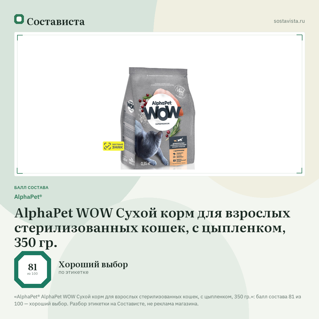 AlphaPet® AlphaPet WOW Сухой корм для взрослых стерилизованных кошек, с цыпленком, 350 гр.: балл состава 81 из 100 — Состависта