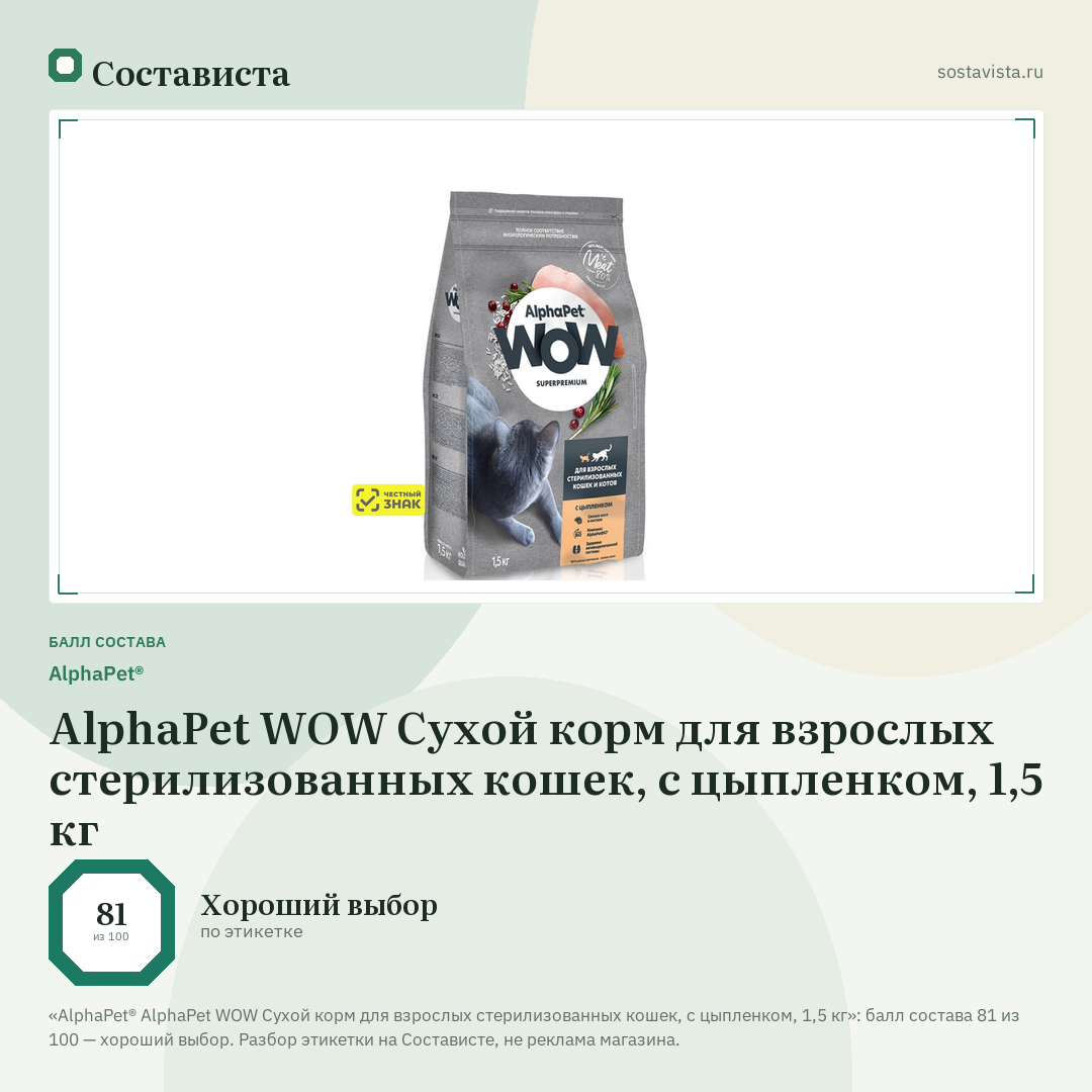 AlphaPet® AlphaPet WOW Сухой корм для взрослых стерилизованных кошек, с цыпленком, 1,5 кг: балл состава 81 из 100 — Состависта