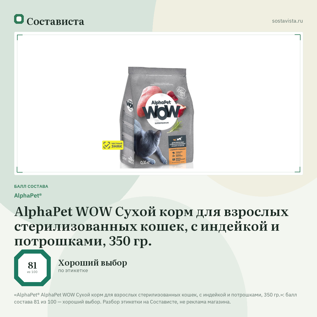 AlphaPet® AlphaPet WOW Сухой корм для взрослых стерилизованных кошек, с индейкой и потрошками, 350 гр.: балл состава 81 из 100 — Состависта