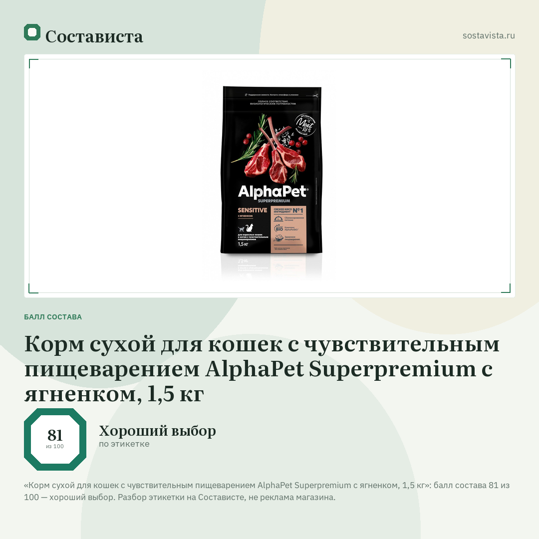 Корм сухой для кошек с чувствительным пищеварением AlphaPet Superpremium с ягненком, 1,5 кг: балл состава 81 из 100 — Состависта