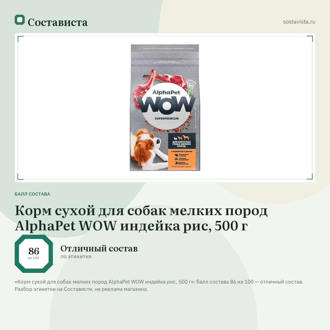 Корм сухой для собак мелких пород AlphaPet WOW индейка рис, 500 г: балл состава 86 из 100 — Состависта