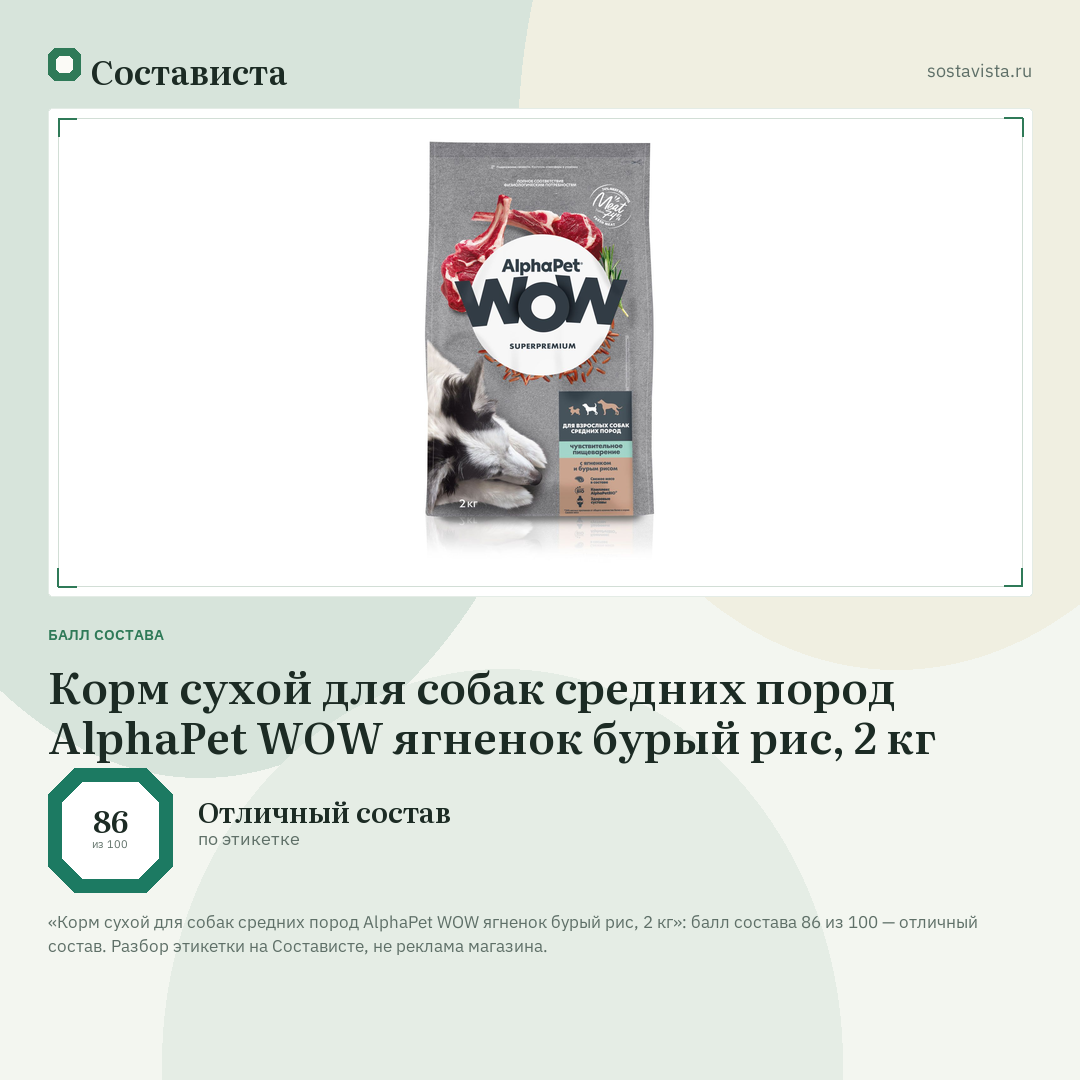 Корм сухой для собак средних пород AlphaPet WOW ягненок бурый рис, 2 кг: балл состава 86 из 100 — Состависта
