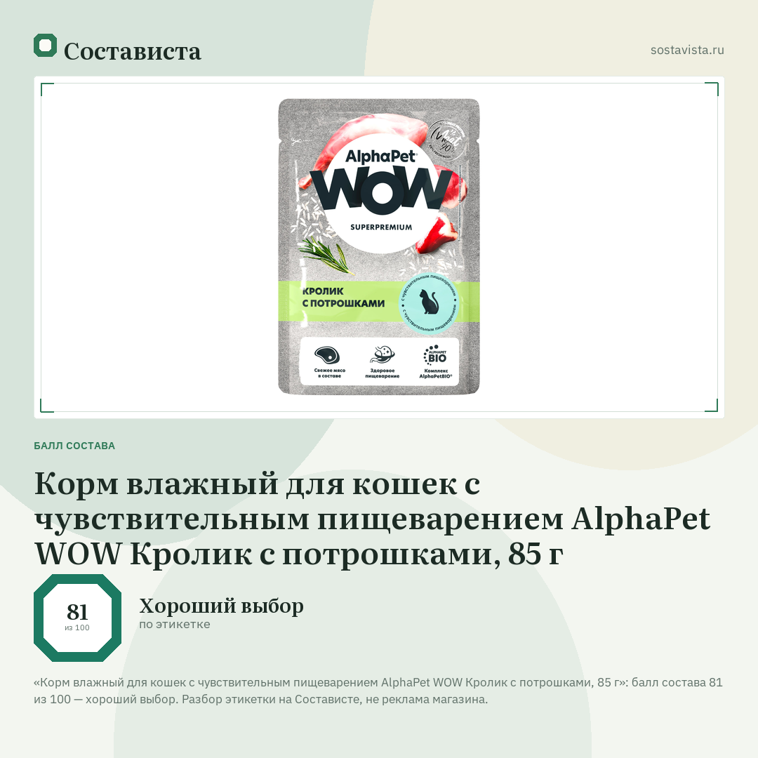Корм влажный для кошек с чувствительным пищеварением AlphaPet WOW Кролик с потрошками, 85 г: балл состава 81 из 100 — Состависта