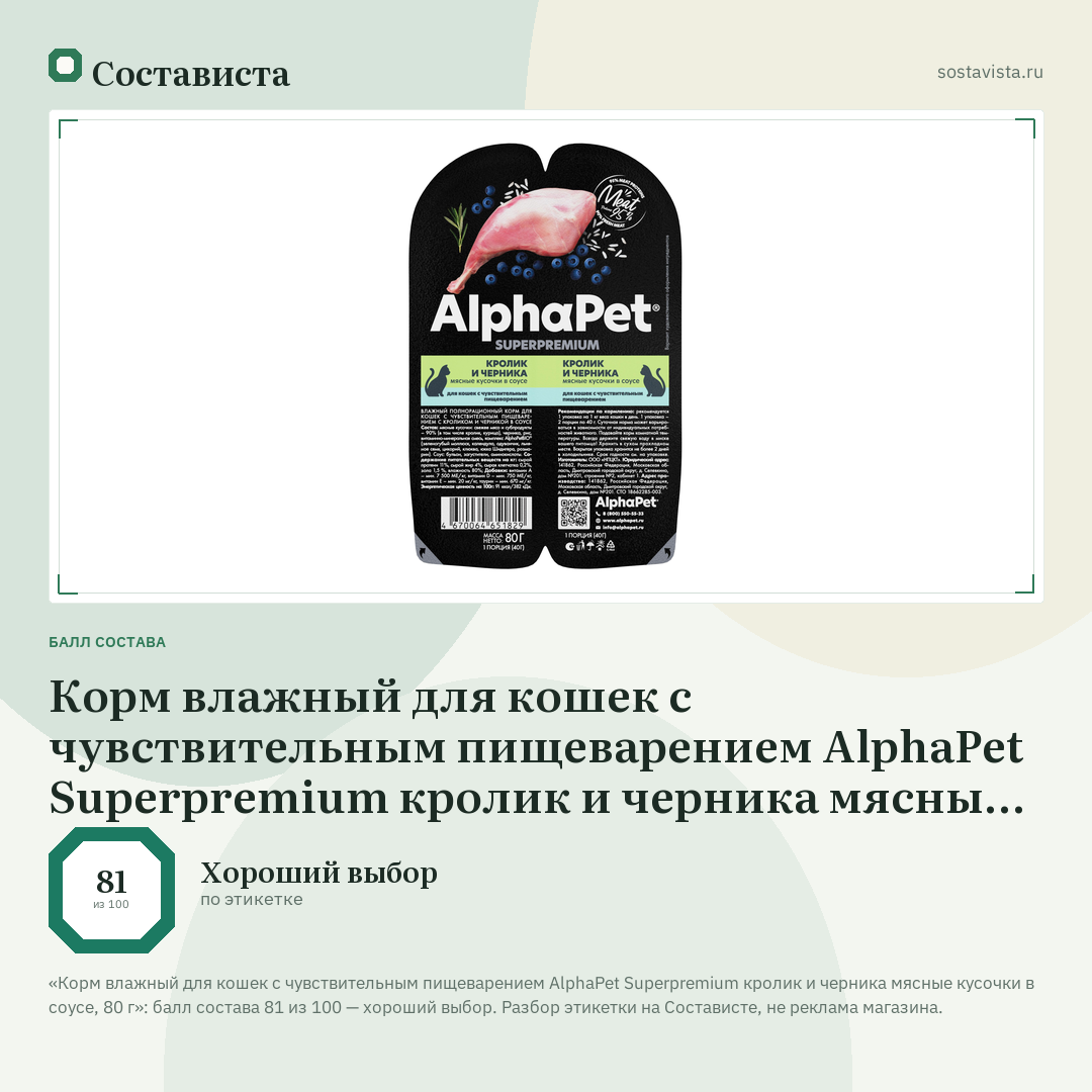 Корм влажный для кошек с чувствительным пищеварением AlphaPet Superpremium кролик и черника мясные кусочки в соусе, 80 г: балл состава 81 из 100 — Состависта