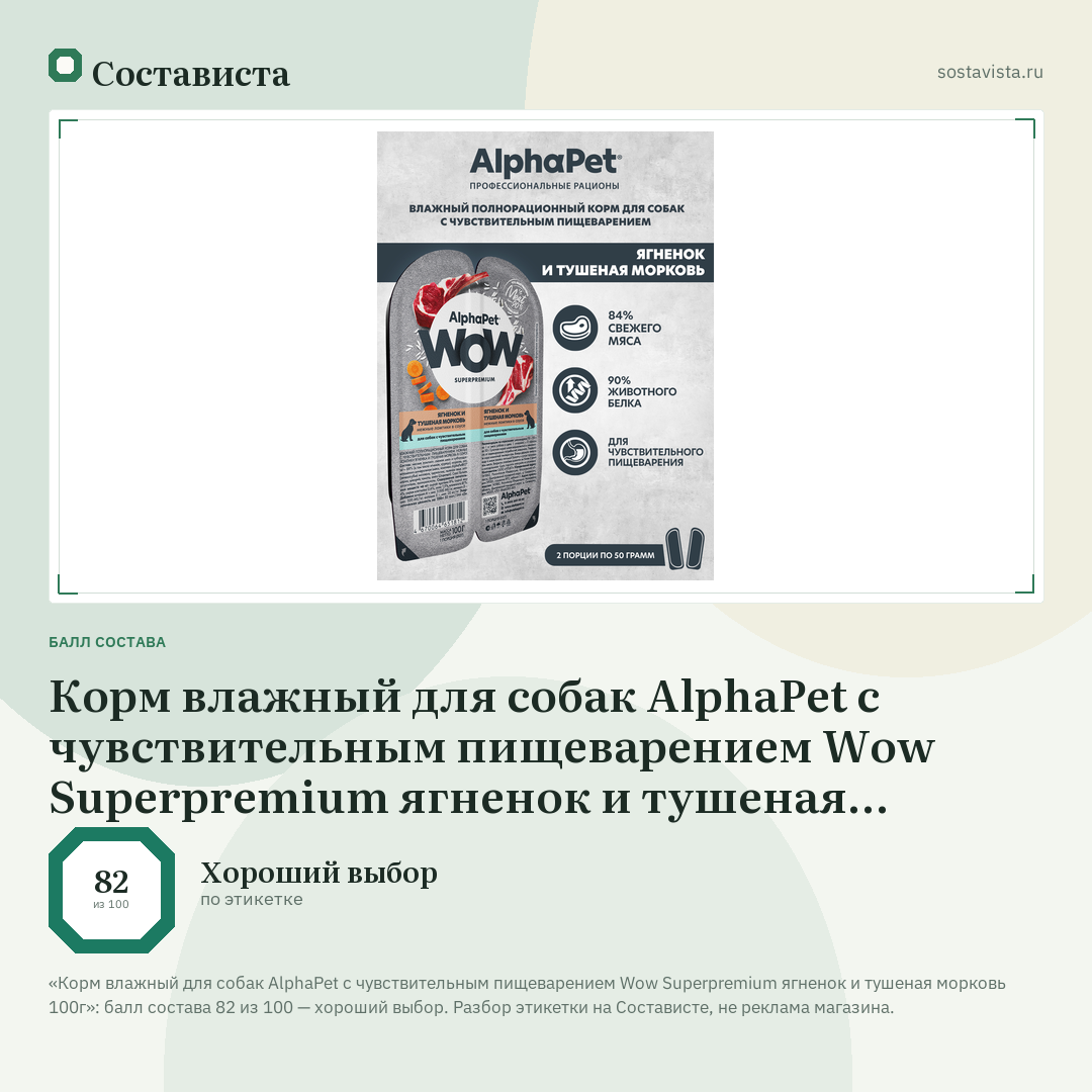 Корм влажный для собак AlphaPet с чувствительным пищеварением Wow Superpremium ягненок и тушеная морковь 100г: балл состава 82 из 100 — Состависта