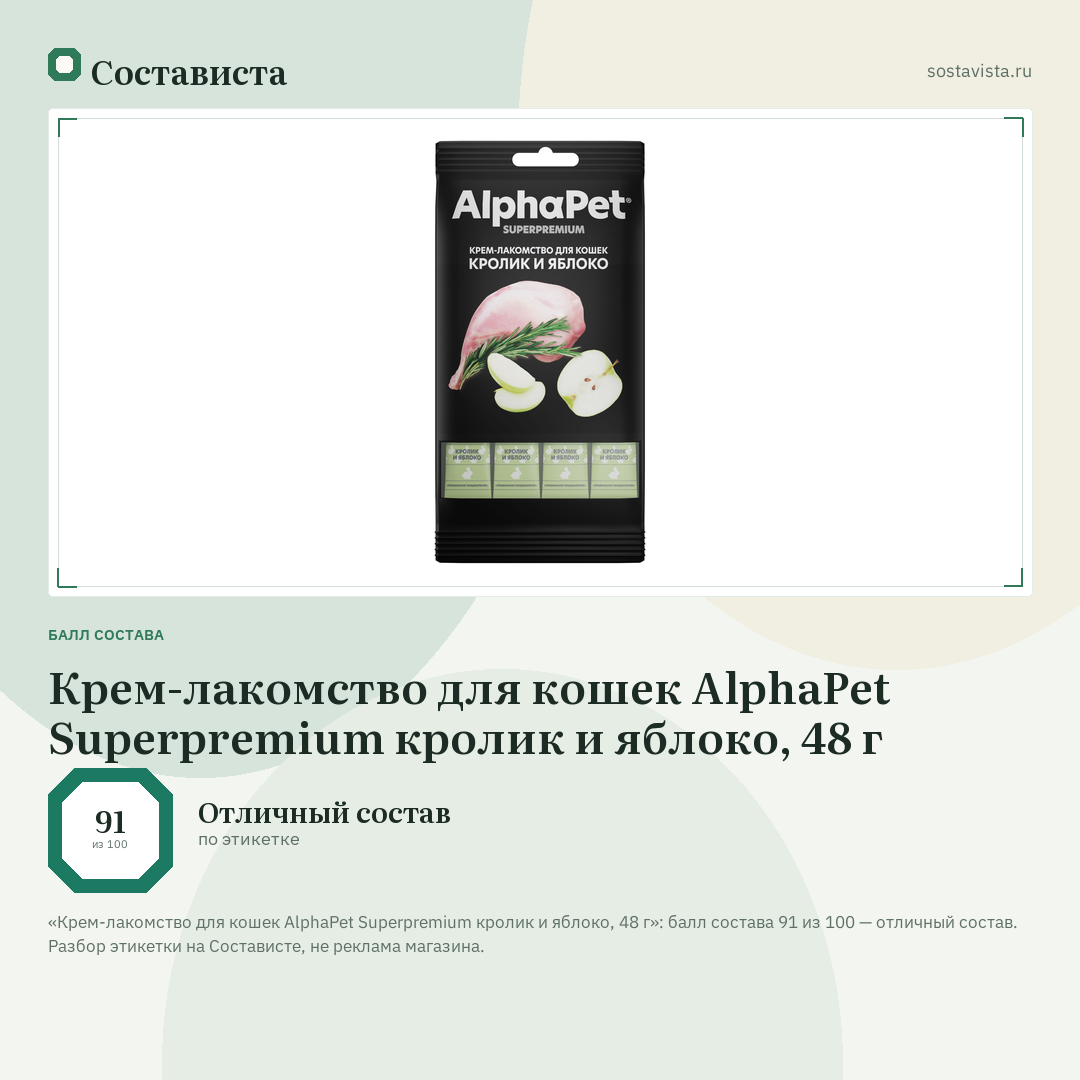Крем-лакомство для кошек AlphaPet Superpremium кролик и яблоко, 48 г: балл состава 91 из 100 — Состависта
