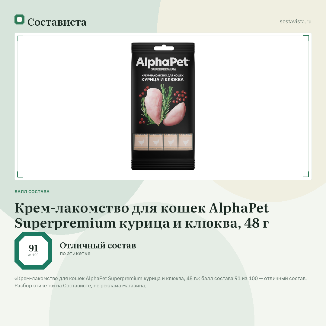 Крем-лакомство для кошек AlphaPet Superpremium курица и клюква, 48 г: балл состава 91 из 100 — Состависта