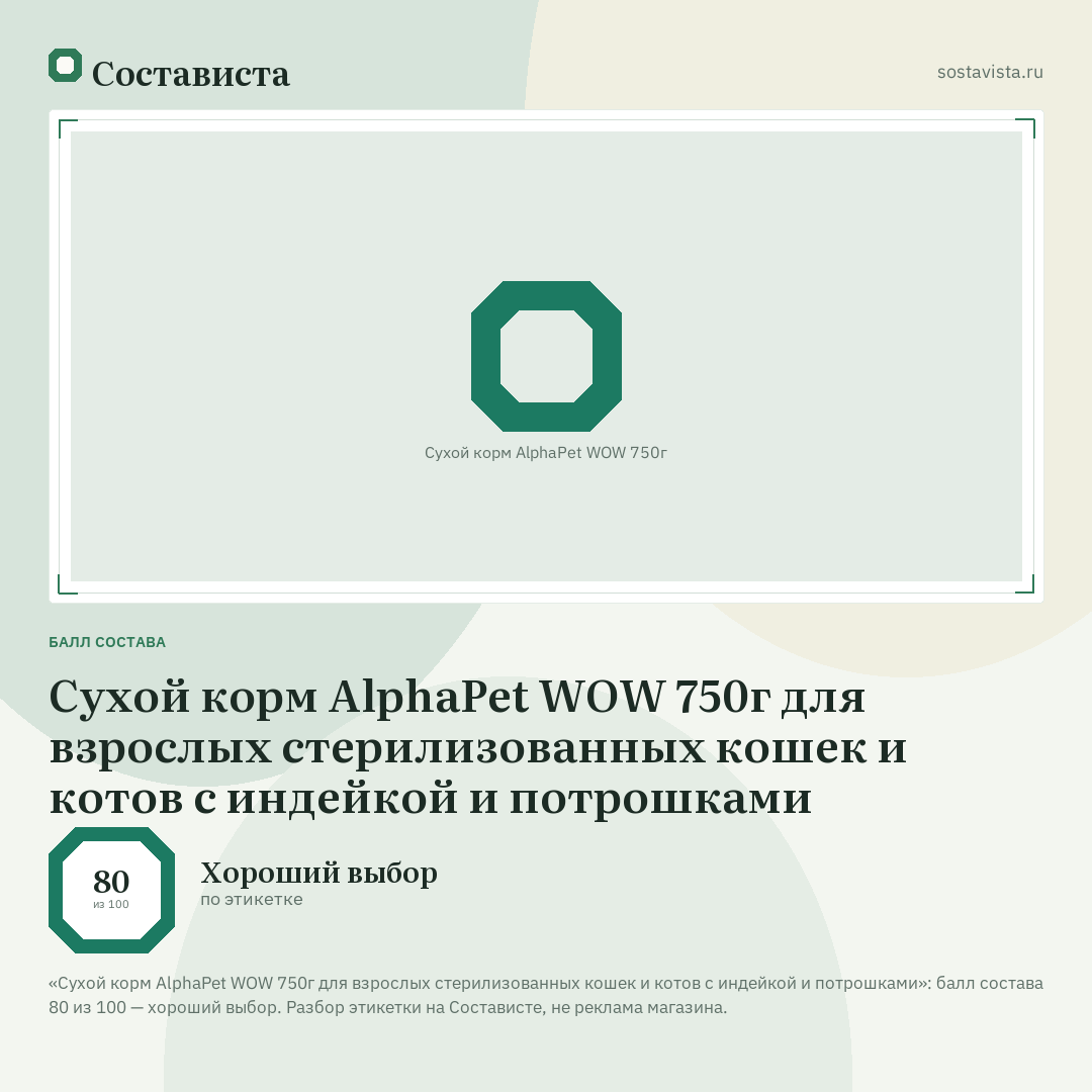 Сухой корм AlphaPet WOW 750г для взрослых стерилизованных кошек и котов с индейкой и потрошками: балл состава 80 из 100 — Состависта