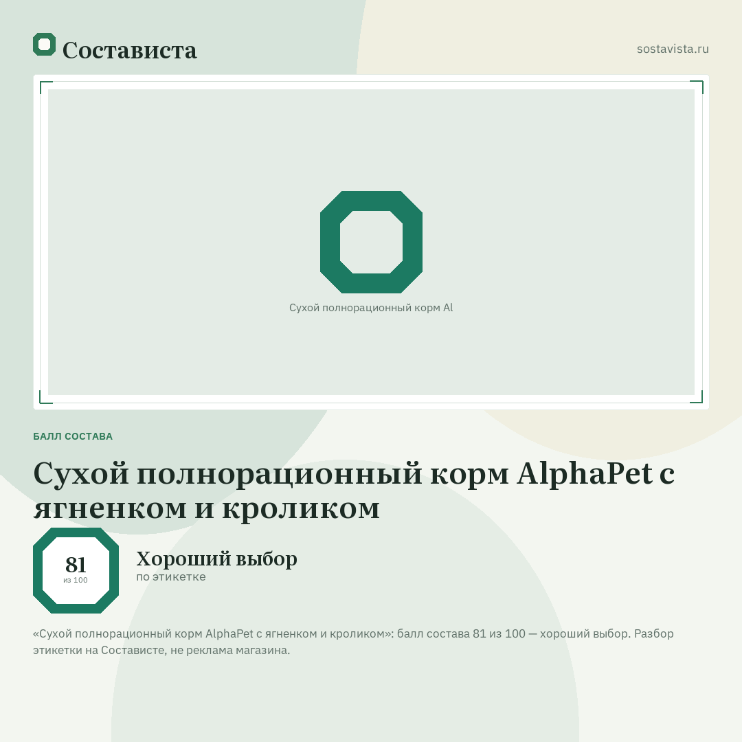 Сухой полнорационный корм AlphaPet с ягненком и кроликом: балл состава 81 из 100 — Состависта