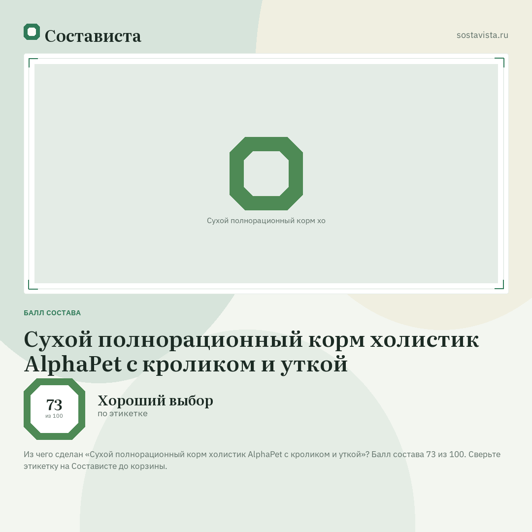Сухой полнорационный корм холистик AlphaPet с кроликом и уткой: балл состава 73 из 100 — Состависта