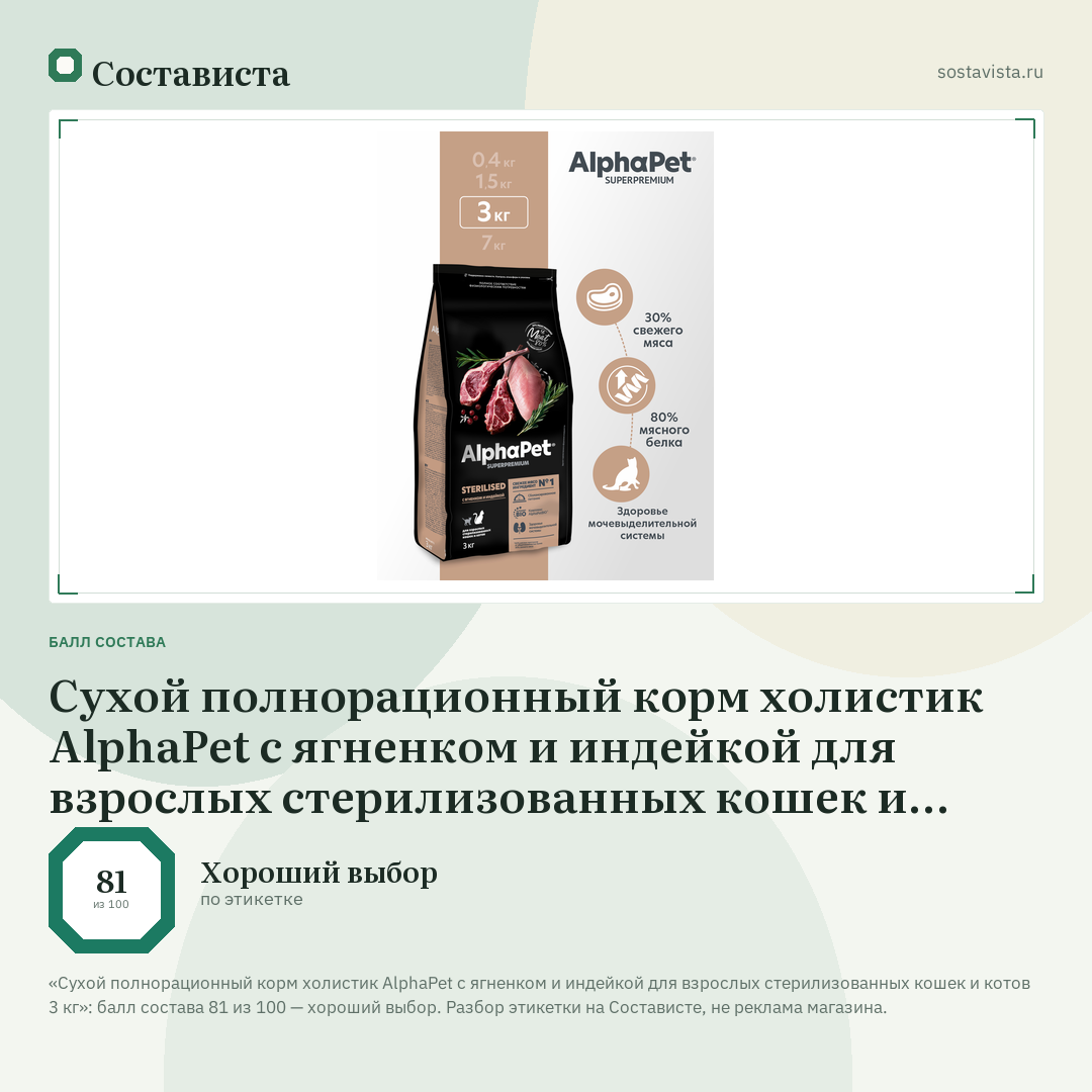 Сухой полнорационный корм холистик AlphaPet с ягненком и индейкой для взрослых стерилизованных кошек и котов 3 кг: балл состава 81 из 100 — Состависта