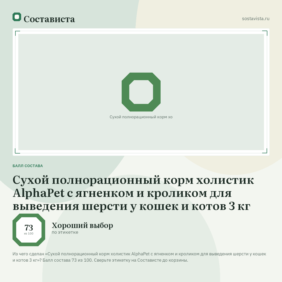 Сухой полнорационный корм холистик AlphaPet с ягненком и кроликом для выведения шерсти у кошек и котов 3 кг: балл состава 73 из 100 — Состависта
