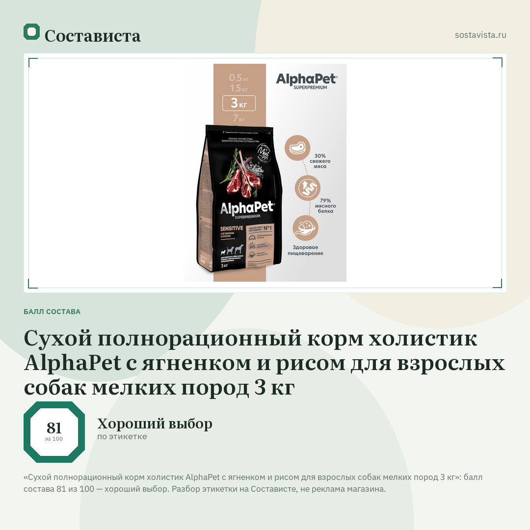 Сухой полнорационный корм холистик AlphaPet с ягненком и рисом для взрослых собак мелких пород 3 кг: балл состава 81 из 100 — Состависта