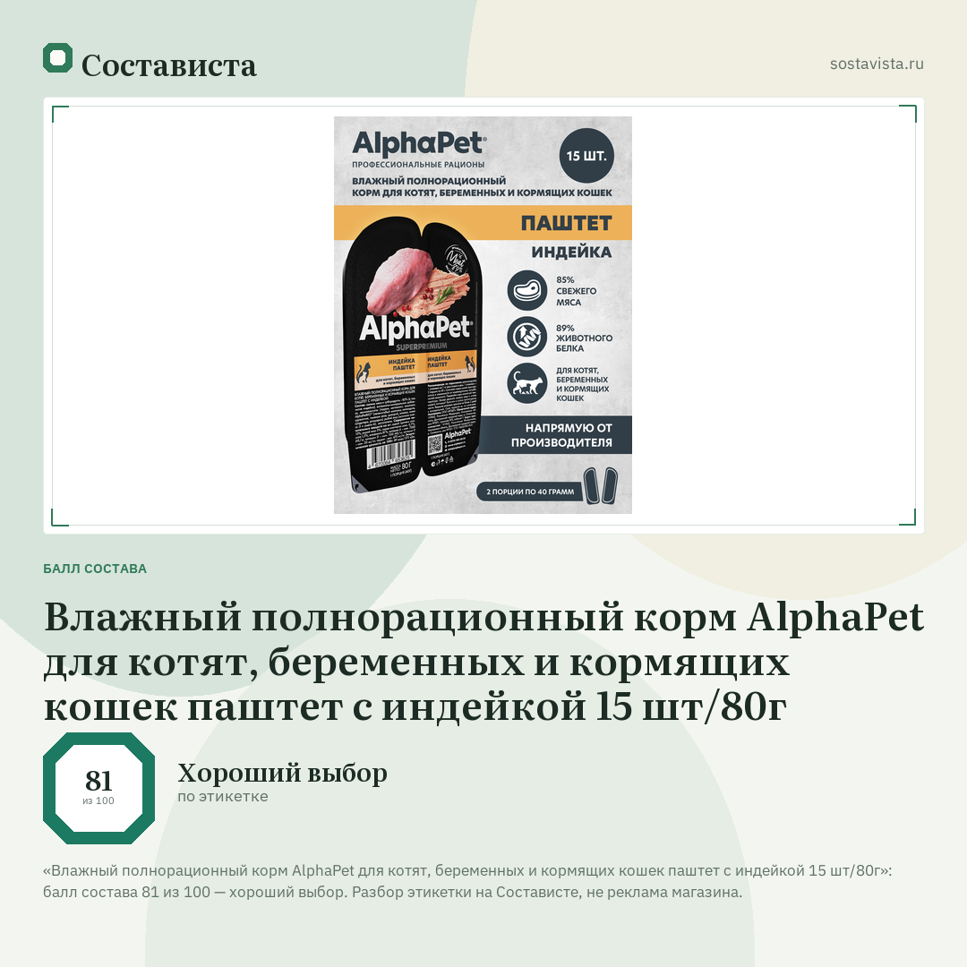 Влажный полнорационный корм AlphaPet для котят, беременных и кормящих кошек паштет с индейкой 15 шт/80г: балл состава 81 из 100 — Состависта
