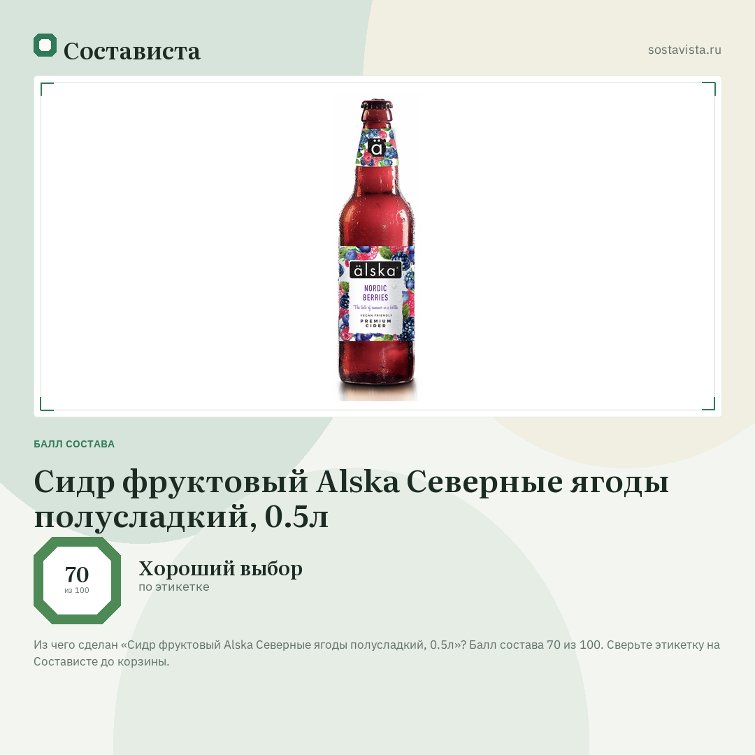 Сидр фруктовый Alska Северные ягоды полусладкий, 0.5л: балл состава 70 из 100 — Состависта