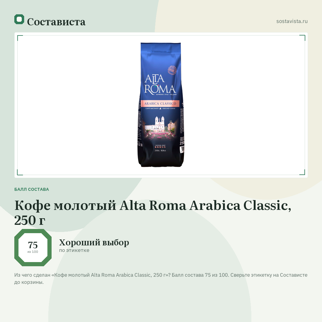 Кофе молотый Alta Roma Arabica Classic, 250 г: балл состава 75 из 100 — Состависта