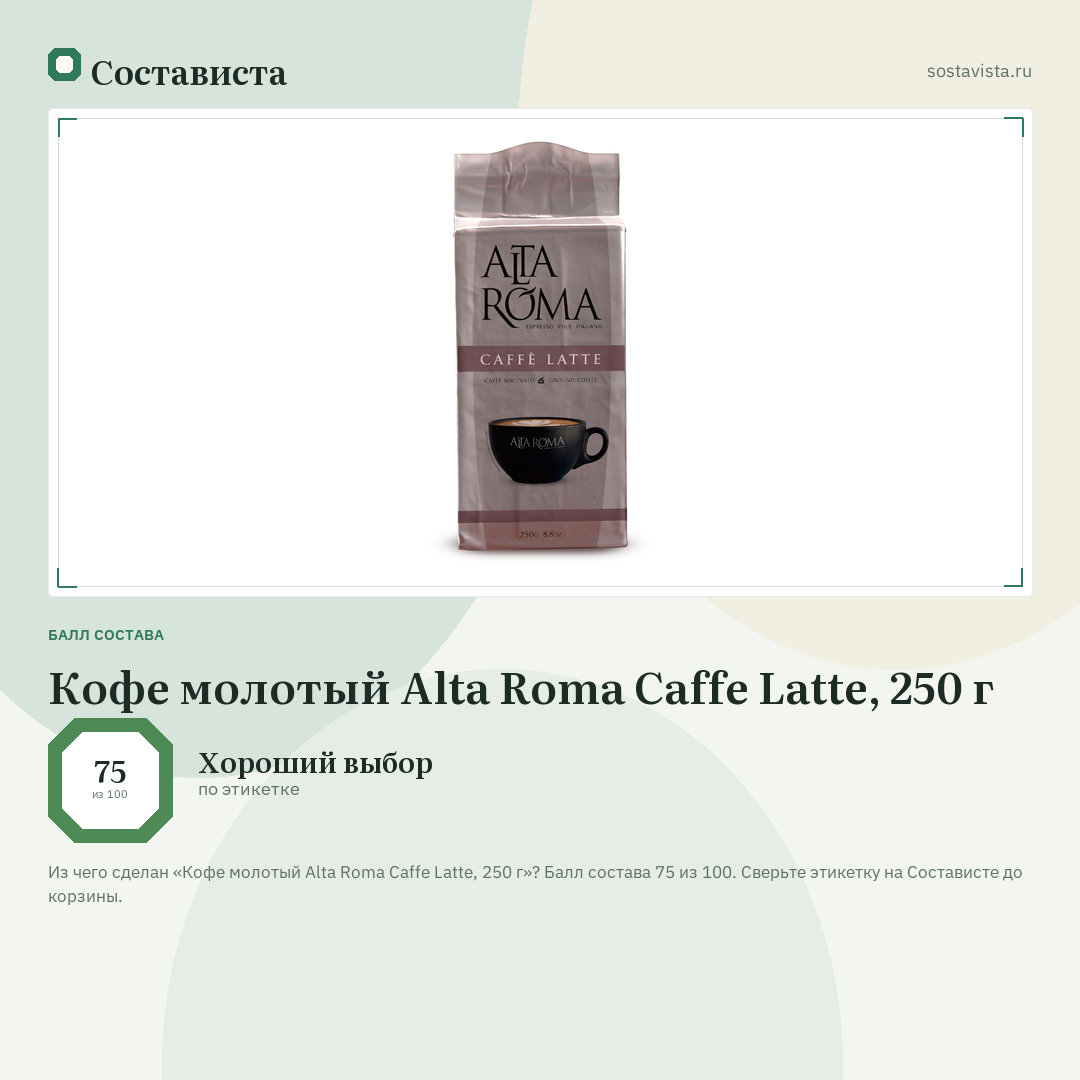 Кофе молотый Alta Roma Caffe Latte, 250 г: балл состава 75 из 100 — Состависта