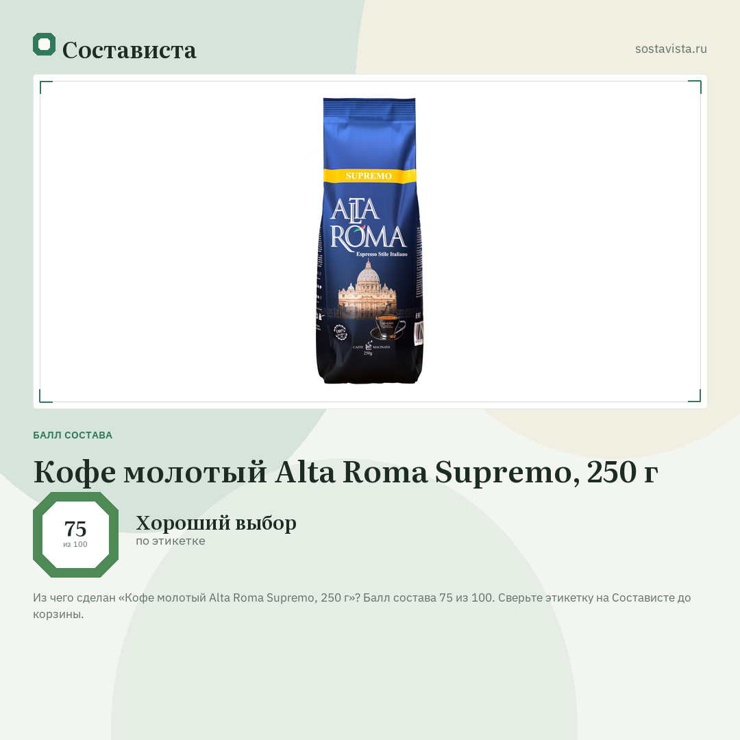Кофе молотый Alta Roma Supremo, 250 г: балл состава 75 из 100 — Состависта