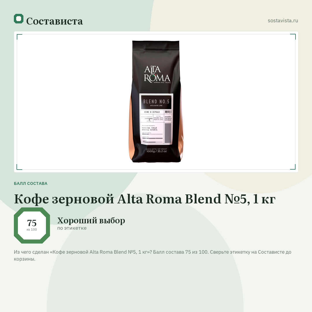Кофе зерновой Alta Roma Blend №5, 1 кг: балл состава 75 из 100 — Состависта