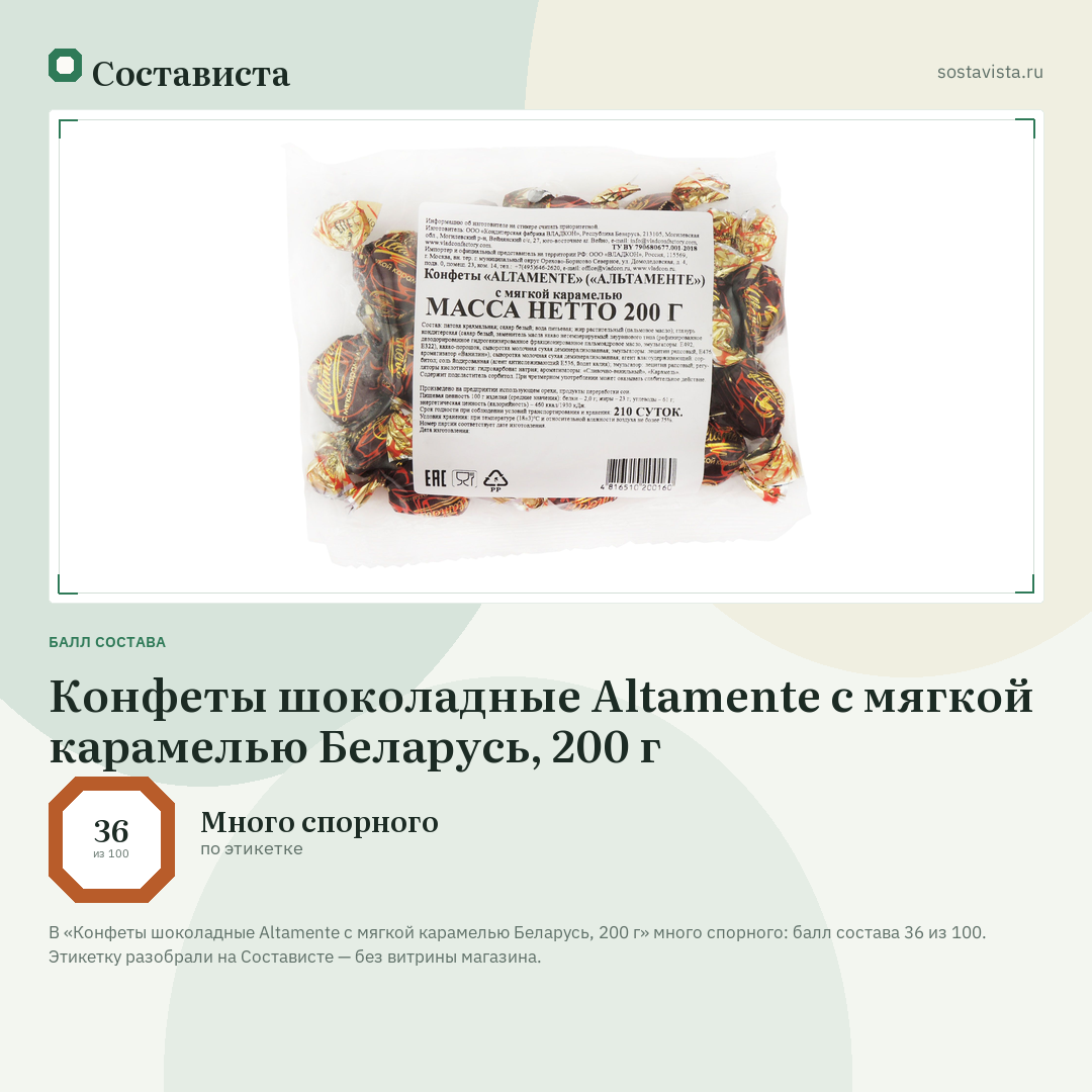Конфеты шоколадные Altamente с мягкой карамелью Беларусь, 200 г: балл состава 36 из 100 — Состависта