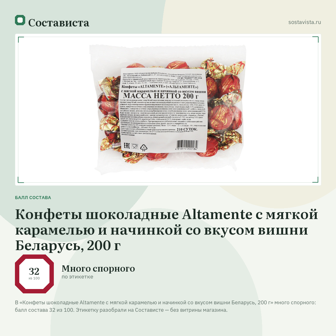 Конфеты шоколадные Altamente с мягкой карамелью и начинкой со вкусом вишни Беларусь, 200 г: балл состава 32 из 100 — Состависта