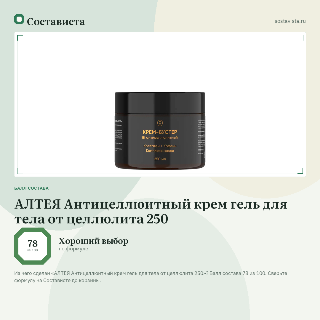 АЛТЕЯ Антицеллюитный крем гель для тела от целлюлита 250: балл состава 78 из 100 — Состависта