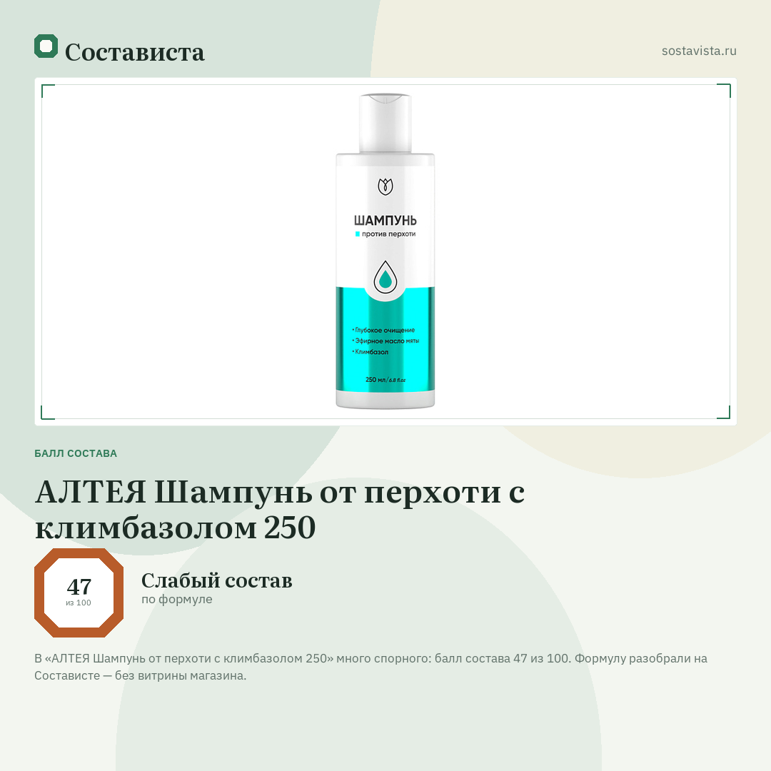 АЛТЕЯ Шампунь от перхоти с климбазолом 250: балл состава 47 из 100 — Состависта
