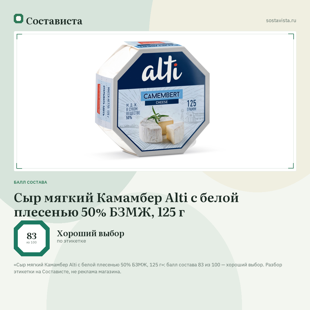 Сыр мягкий Камамбер Alti с белой плесенью 50% БЗМЖ, 125 г: балл состава 83 из 100 — Состависта