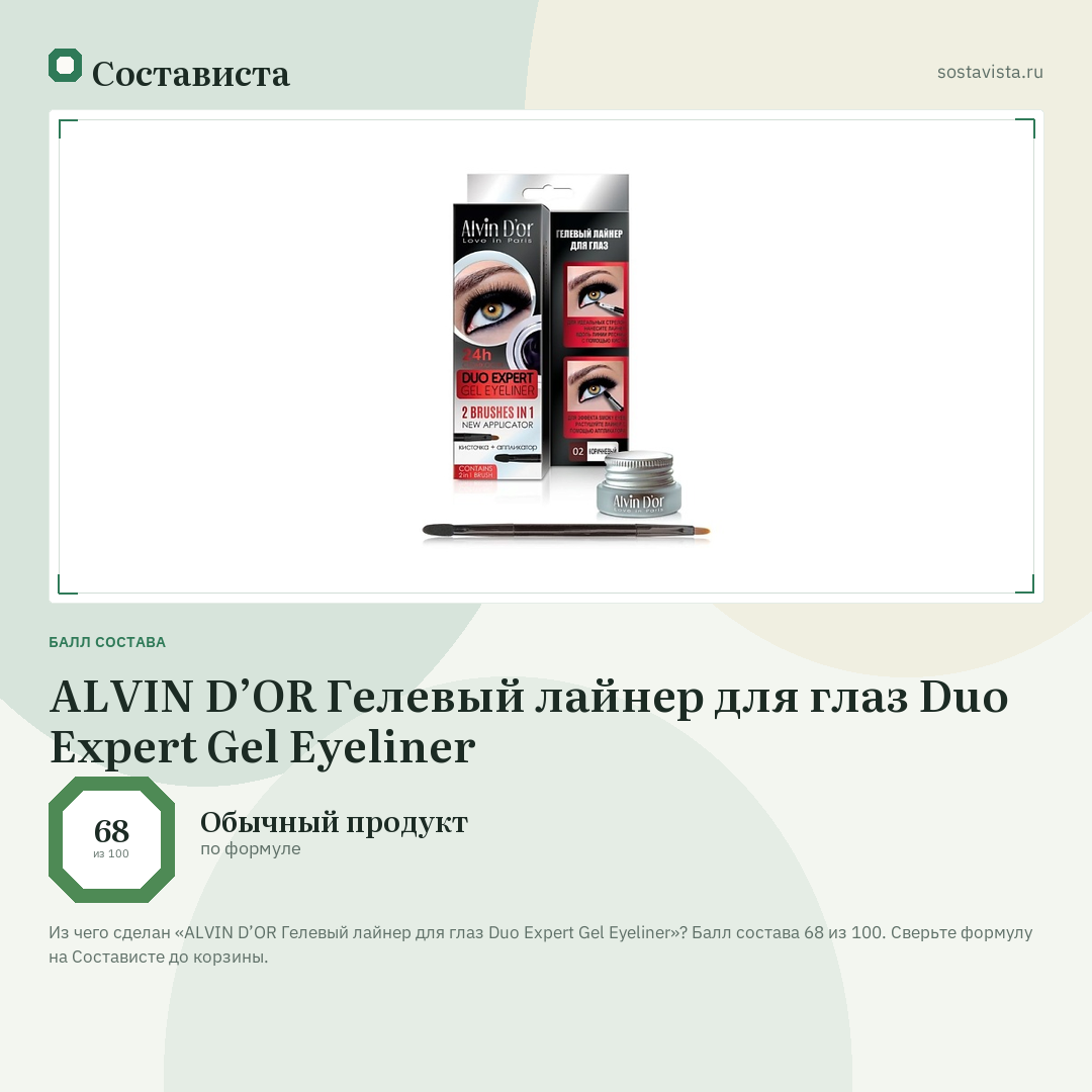 ALVIN D’OR Гелевый лайнер для глаз Duo Expert Gel Eyeliner: балл состава 68 из 100 — Состависта