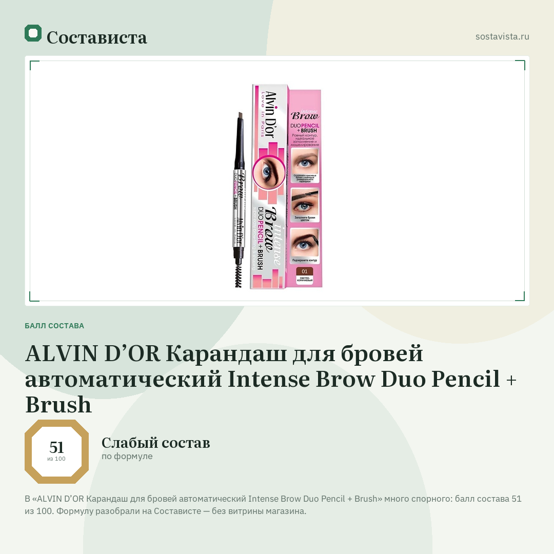 ALVIN D’OR Карандаш для бровей автоматический Intense Brow Duo Pencil + Brush: балл состава 51 из 100 — Состависта