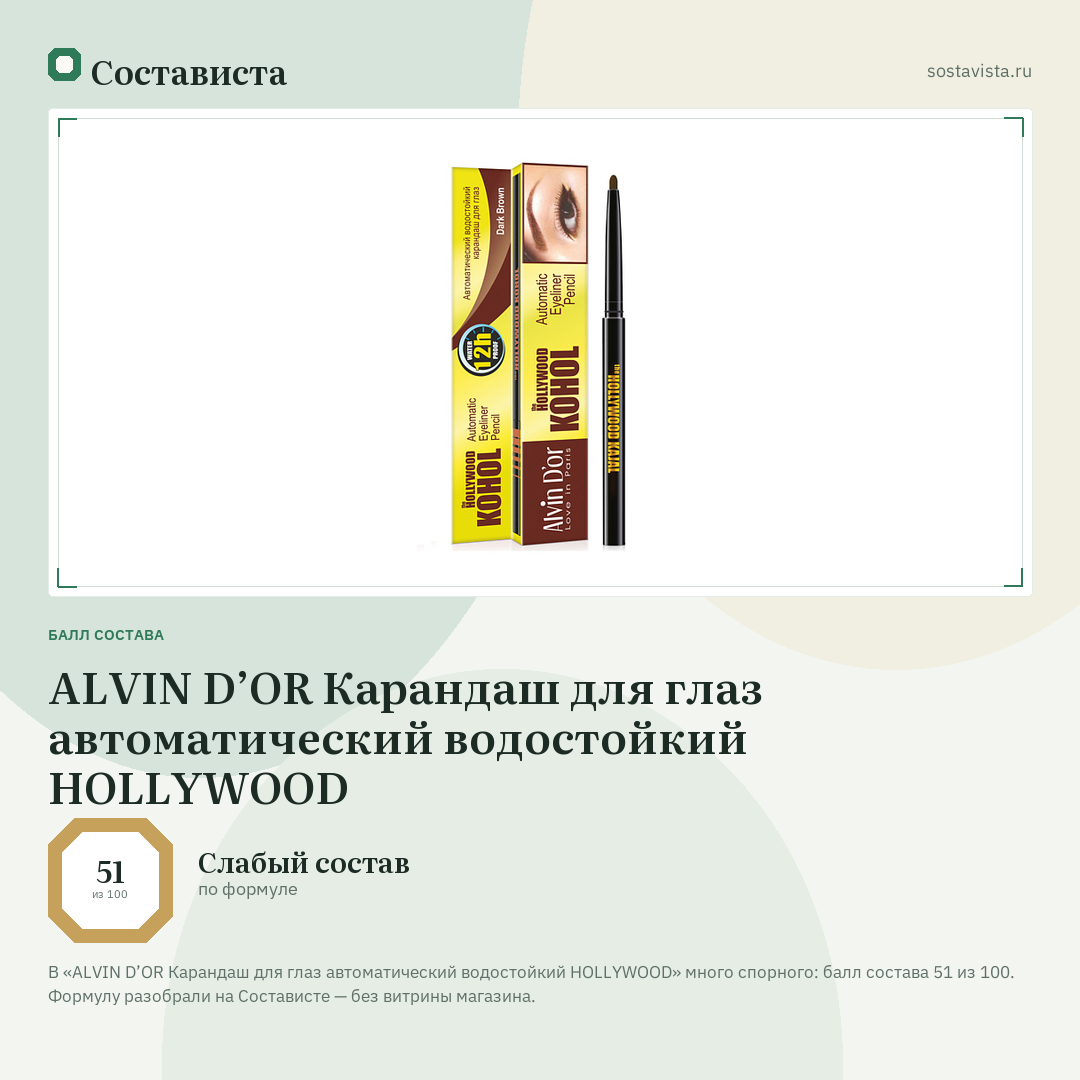 ALVIN D’OR Карандаш для глаз автоматический водостойкий HOLLYWOOD: балл состава 51 из 100 — Состависта