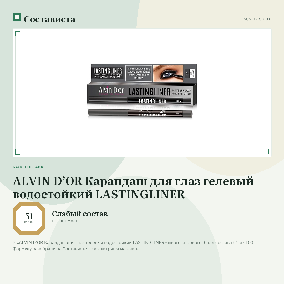 ALVIN D’OR Карандаш для глаз гелевый водостойкий LASTINGLINER: балл состава 51 из 100 — Состависта