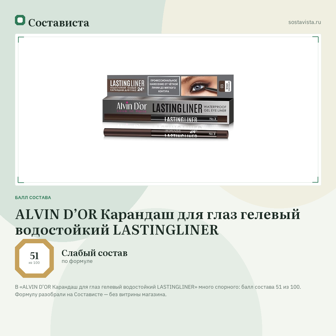 ALVIN D’OR Карандаш для глаз гелевый водостойкий LASTINGLINER: балл состава 51 из 100 — Состависта