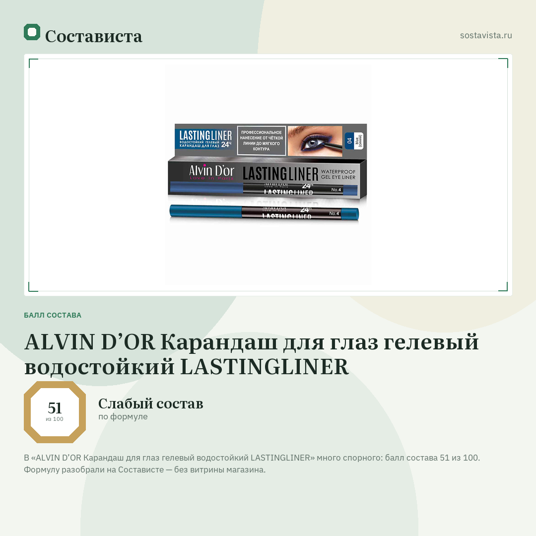 ALVIN D’OR Карандаш для глаз гелевый водостойкий LASTINGLINER: балл состава 51 из 100 — Состависта