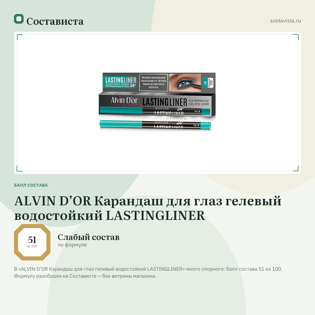 ALVIN D’OR Карандаш для глаз гелевый водостойкий LASTINGLINER: балл состава 51 из 100 — Состависта