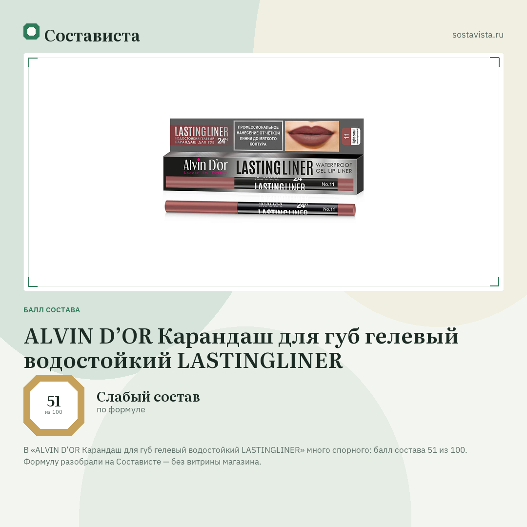 ALVIN D’OR Карандаш для губ гелевый водостойкий LASTINGLINER: балл состава 51 из 100 — Состависта