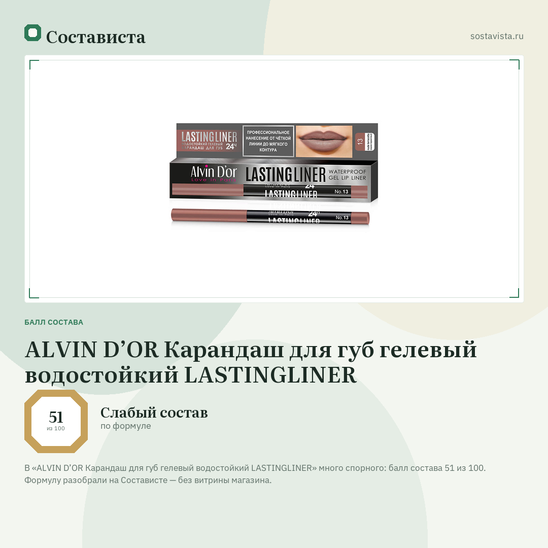 ALVIN D’OR Карандаш для губ гелевый водостойкий LASTINGLINER: балл состава 51 из 100 — Состависта
