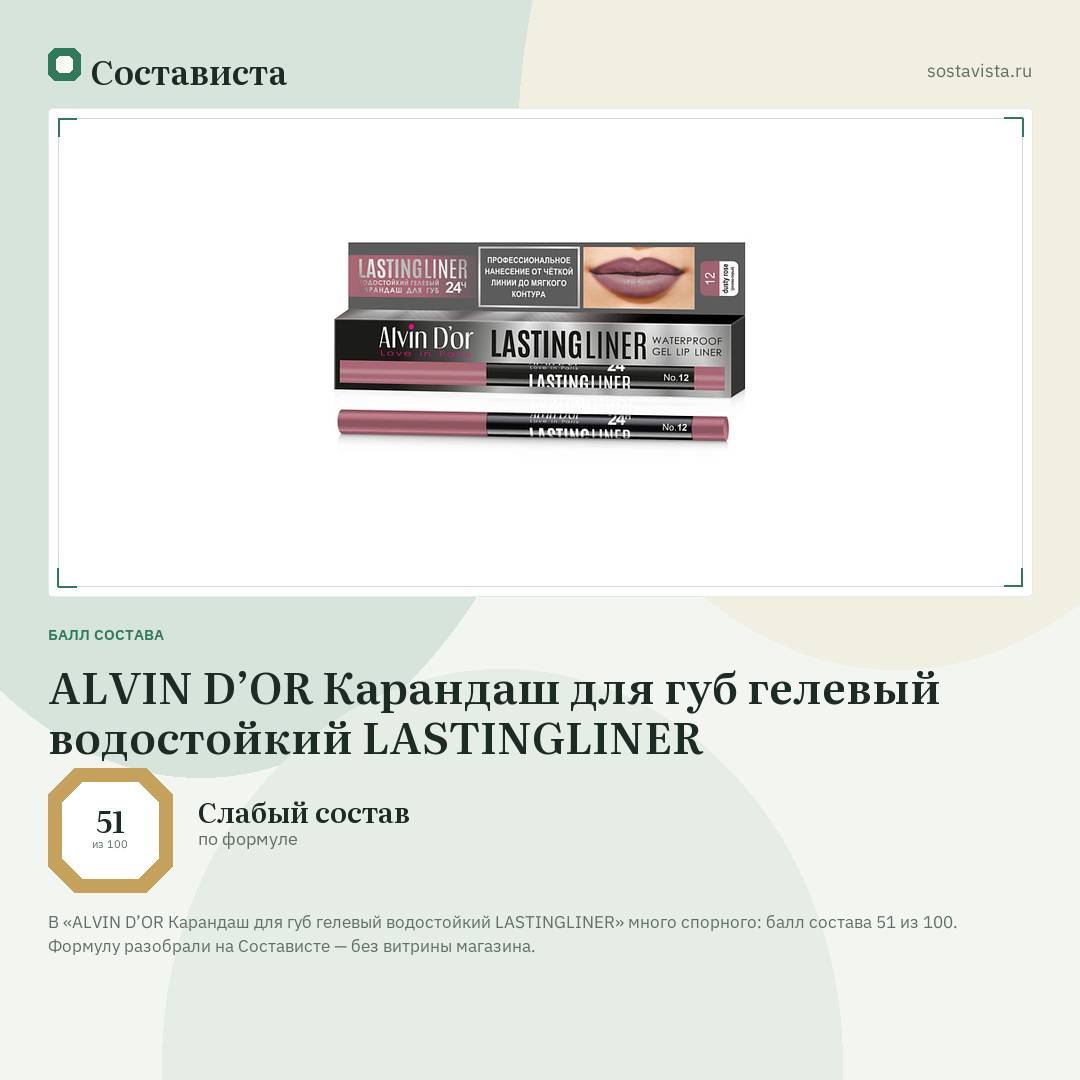 ALVIN D’OR Карандаш для губ гелевый водостойкий LASTINGLINER: балл состава 51 из 100 — Состависта