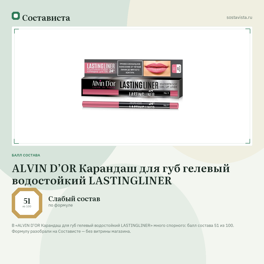 ALVIN D’OR Карандаш для губ гелевый водостойкий LASTINGLINER: балл состава 51 из 100 — Состависта