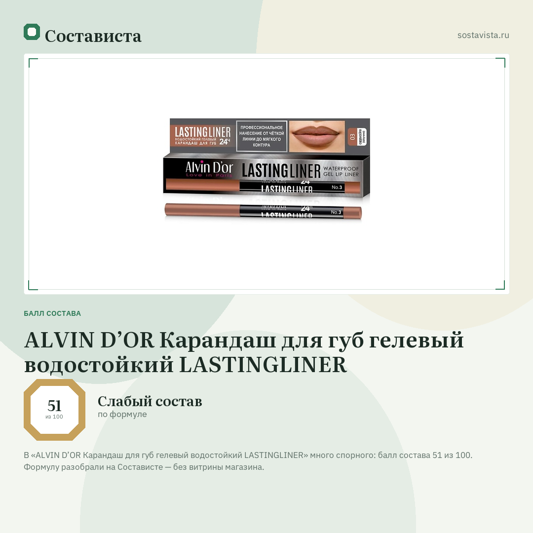 ALVIN D’OR Карандаш для губ гелевый водостойкий LASTINGLINER: балл состава 51 из 100 — Состависта