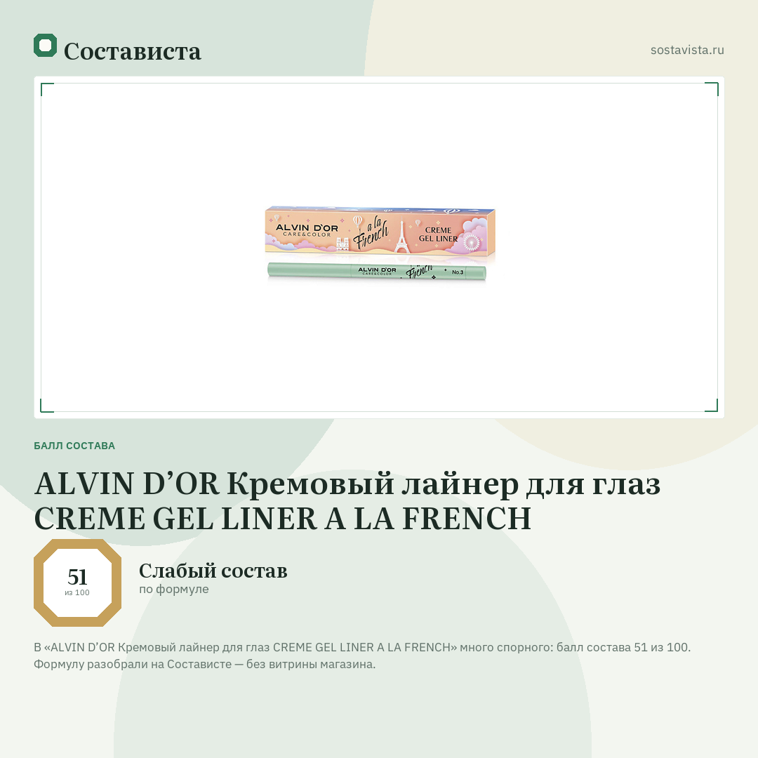 ALVIN D’OR Кремовый лайнер для глаз CREME GEL LINER A LA FRENCH: балл состава 51 из 100 — Состависта