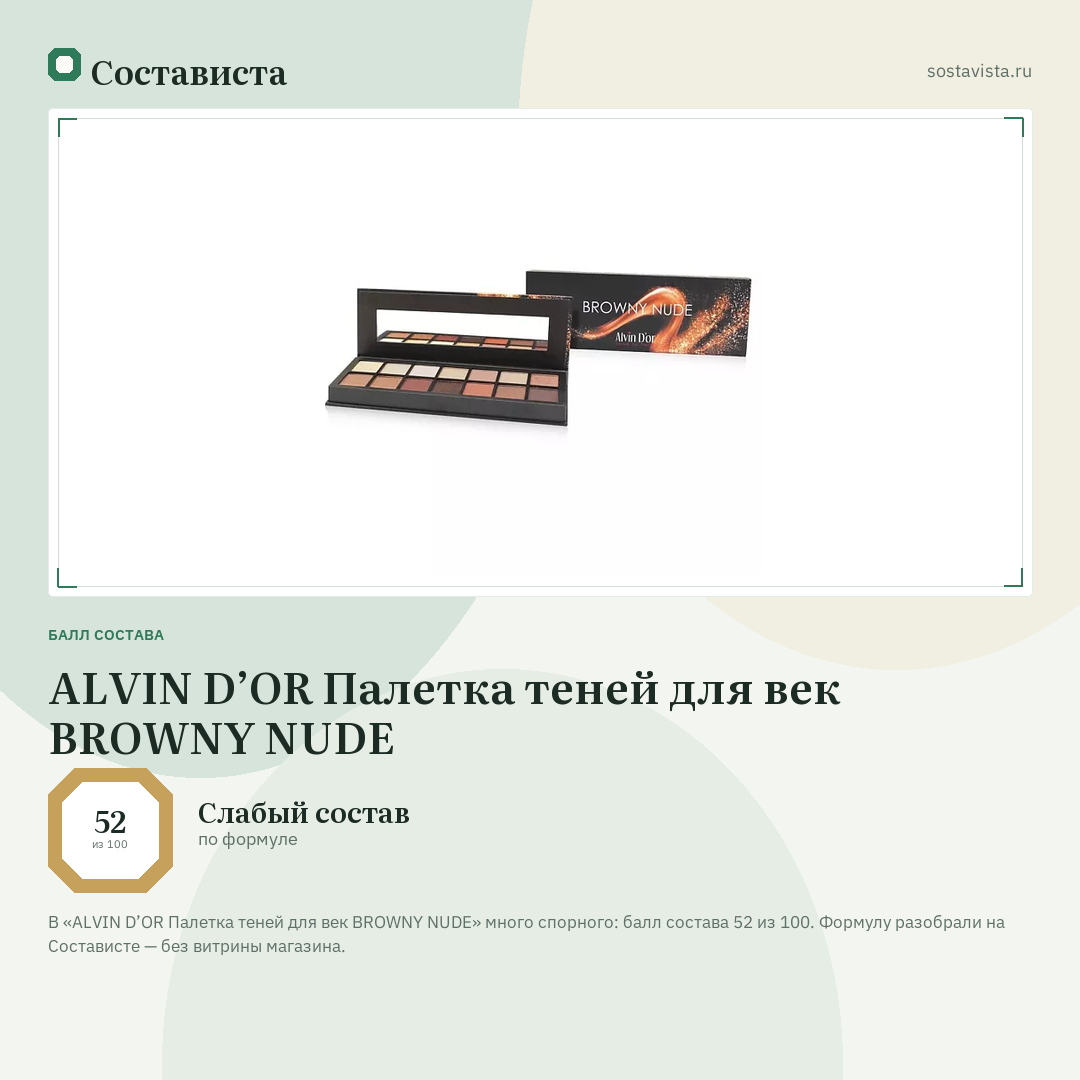 ALVIN D’OR Палетка теней для век BROWNY NUDE: балл состава 52 из 100 — Состависта