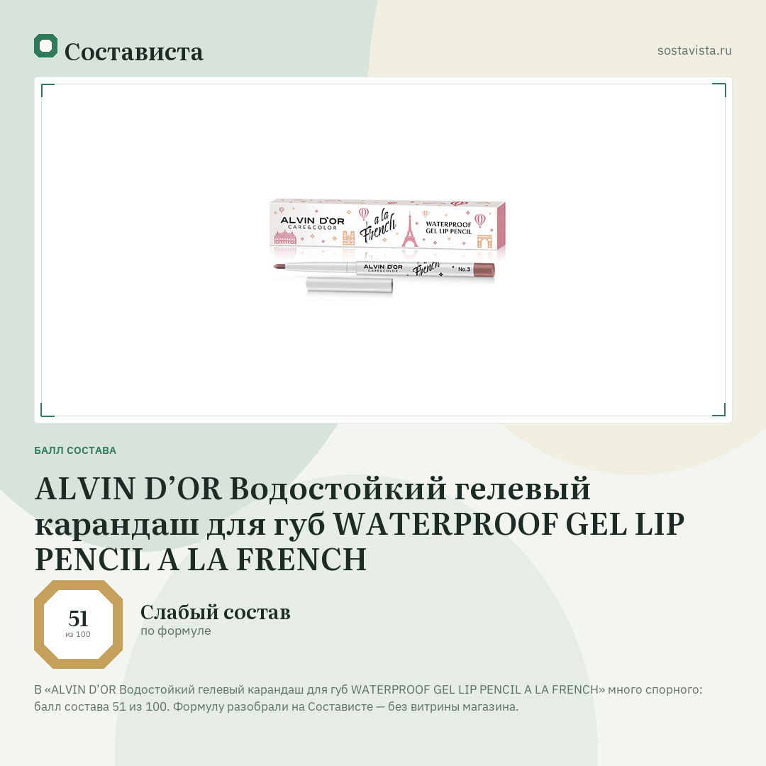 ALVIN D’OR Водостойкий гелевый карандаш для губ WATERPROOF GEL LIP PENCIL A LA FRENCH: балл состава 51 из 100 — Состависта