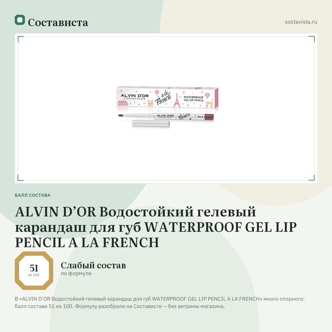 ALVIN D’OR Водостойкий гелевый карандаш для губ WATERPROOF GEL LIP PENCIL A LA FRENCH: балл состава 51 из 100 — Состависта