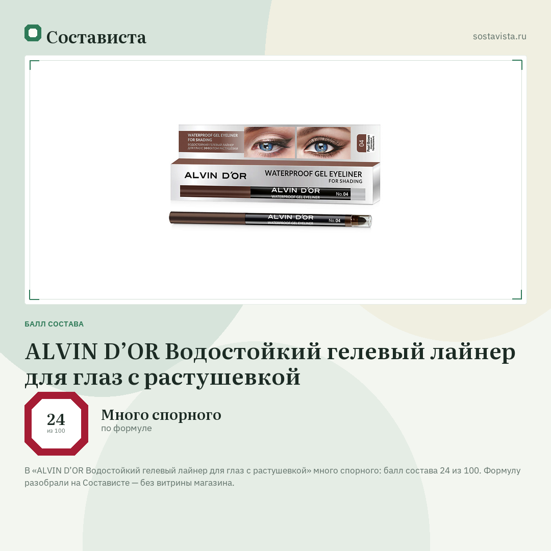ALVIN D’OR Водостойкий гелевый лайнер для глаз с растушевкой: балл состава 24 из 100 — Состависта
